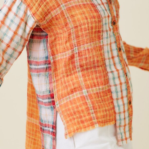 MYSTREE Plaid Button Down Shirt, Orange Multicolor Patchwork Check Top, Oversize - Picture 7 of 7